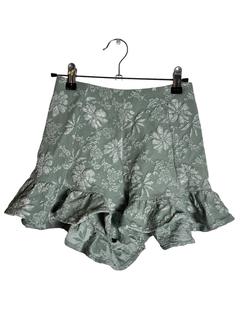 The Sang Sage Green Floral Brocade Jacquard Ruffle Shorts